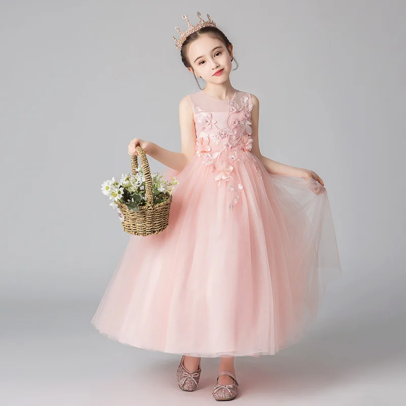 Очаровательное летнее розовое Сетчатое Пышное Цветочное платье для девочки