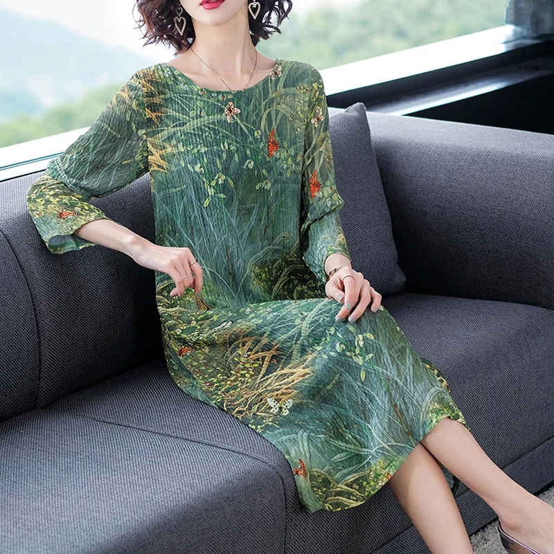 Green Spring summer Vestidos Mid-Calf Dress Women Butterfly Floral Printed Elegant Ladies Plus Size M-4XL Casual O-Neck Robe | Женская