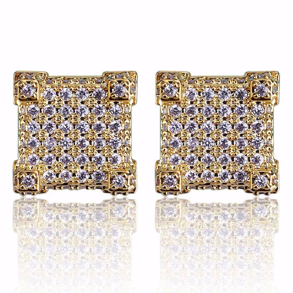Роскошные микро Pave CZ камень Bling Ice Out мужские хип хоп серьги-гвоздики Мужские золотые серебряные цвета Медные квадратные серьги мужские ювелирные изделия