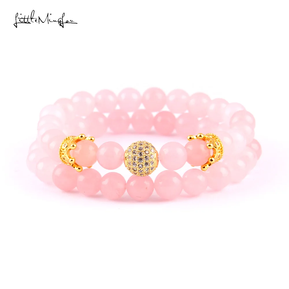 Маленький браслет MingLou из розового кварца с бусинами 8 мм шармами в виде шара и