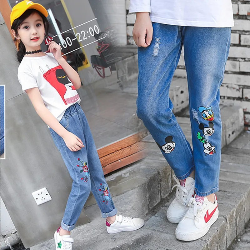 Джинсы для девочек весна осень 2019 детская одежда детские джинсы с вышивкой От 2 до
