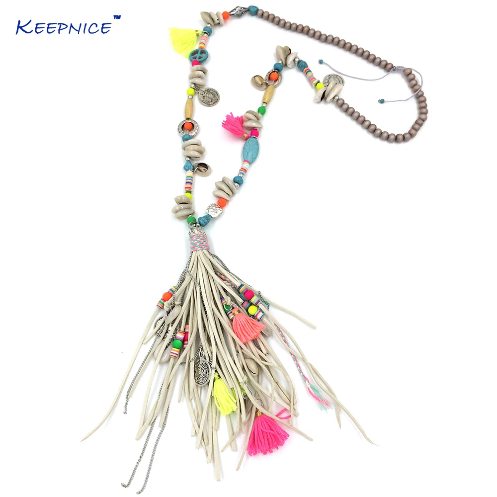 

New handmade jewelry supplier beaded chain leather tassel pendents unique boho chic Bohemia long fringe pendant Necklaces