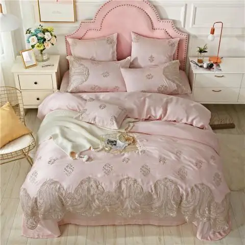 Розовая Принцесса Роскошная Серебряная кружевная вышивка 80 S постельное белье из