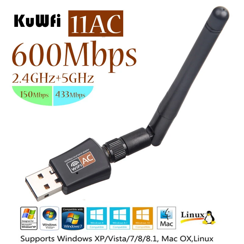 KuWfi 11AC 600 Мбит/с 2 4 г 5G Dual Band 2dBi антенна Беспроводной USB адаптер домашняя сетевая