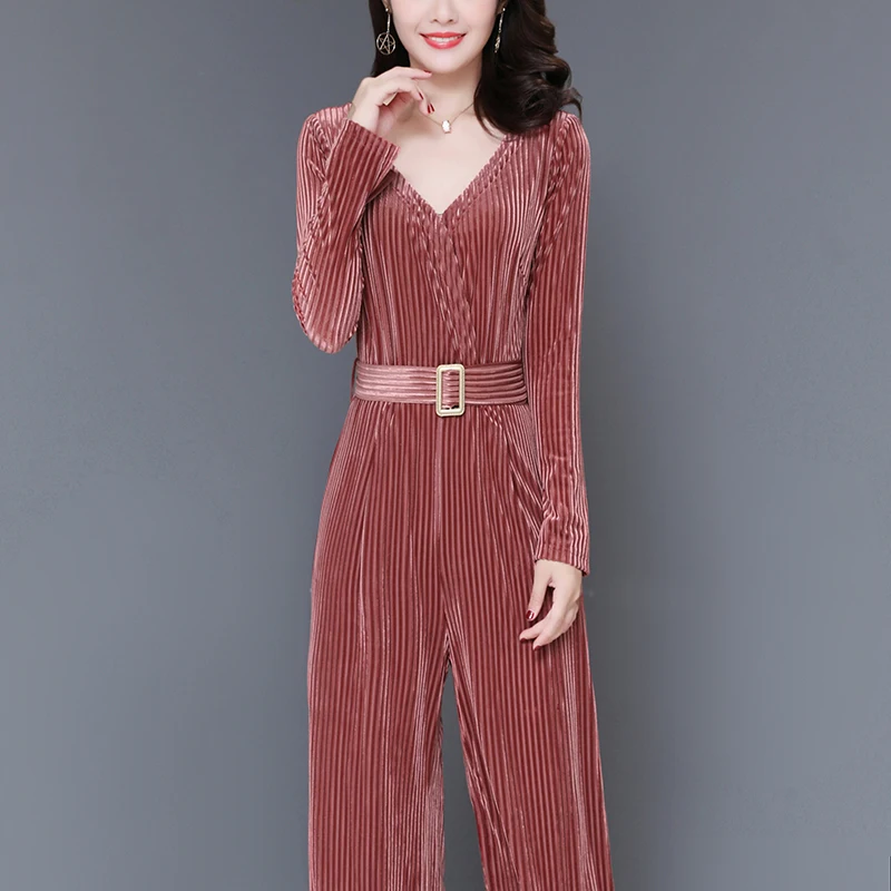 Женский бархатный комбинезон в полоску привлекательный офисном стиле с длинным