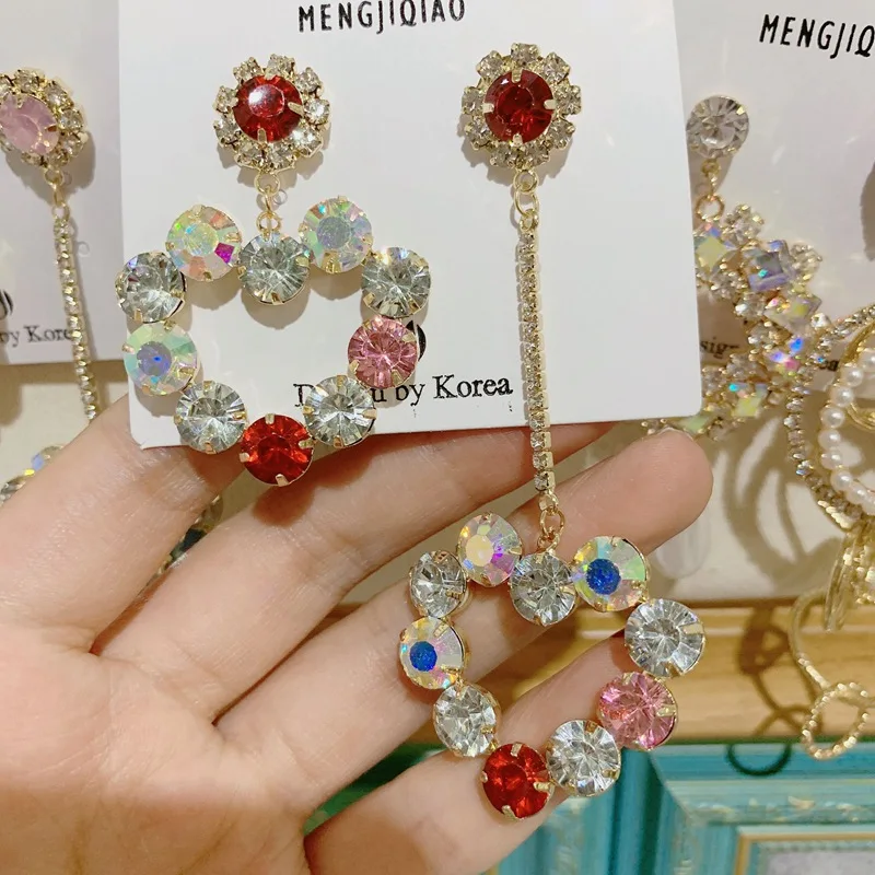 MENGJIQIAO корейские новые шикарные хрустальные серьги в форме сердца с длинной кисточкой для женщин элегантные жемчужные подвески ювелирные изделия
