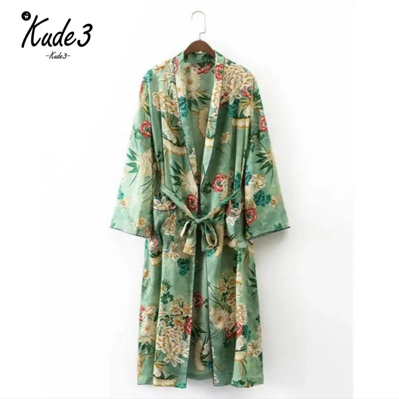 2019 Новое винтажное парео ретро цветочный принт Зеленое Длинное кимоно куртка