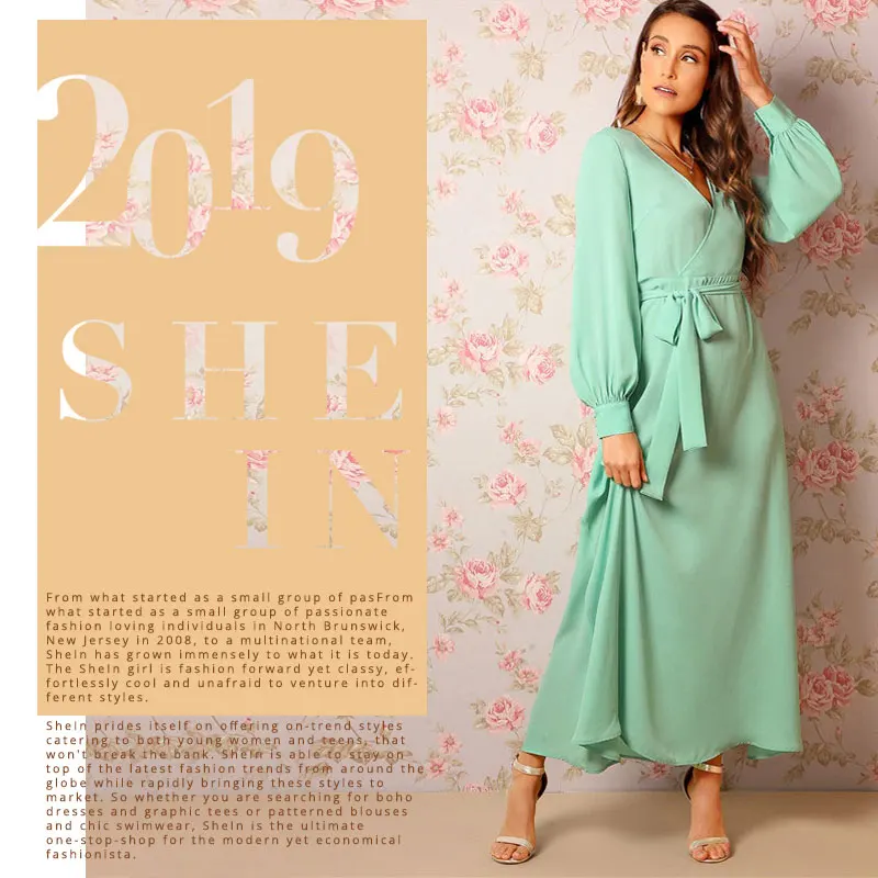 SHEIN Длинное Платье На Запах С Глубоким V-Образным Вырезом, Легкое Летнее Платье С Поясом И Длинными Рукавами