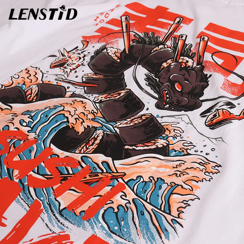 LENSTID японская Harajuku футболка мужская летняя хип хоп Футболка Sushi Wave Dragon одежда в
