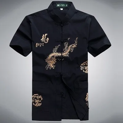 blue black Dragon Sheng Коко китайская рубашка Для мужчин Дракон узор короткий рукав мужской традиционный китайская рубашка белый Tangzhuang ушу Костюмы человек 3XL - Цвет: blue black Dragon