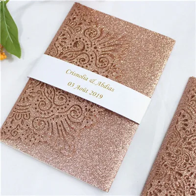 deep rose gold Обручальное кольцо из розового золота пригласительные приглашения с лентой живота конверт блестящая Свадебная печать на заказ - Цвет: deep rose gold