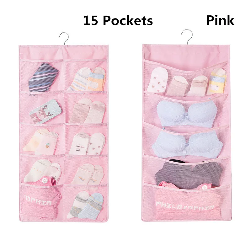 Pink(15 pocket) Новая двусторонняя сумка для хранения 15/30 карманы Оксфорд подвесная сумка Носки Бюстгальтер Нижнее белье Вешалка двери настенный подвесной Органайзер - Цвет: Pink(15 pocket)