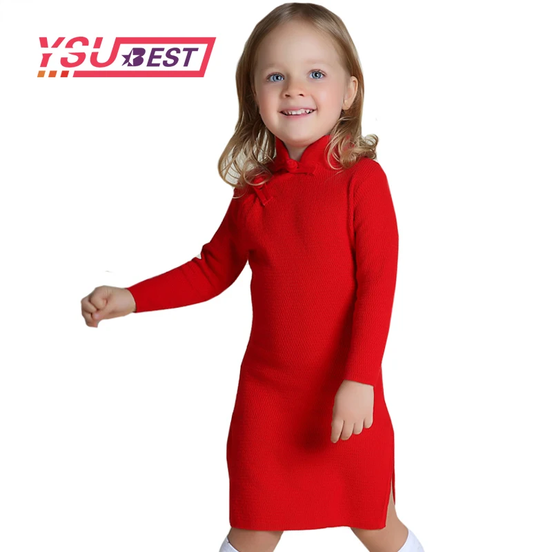 Girls Winter Sweater Dresses Toddler Baby Spring Qipao Chinese Knit Year Dress Thicker Red Pink Cheongsam | Детская одежда и обувь