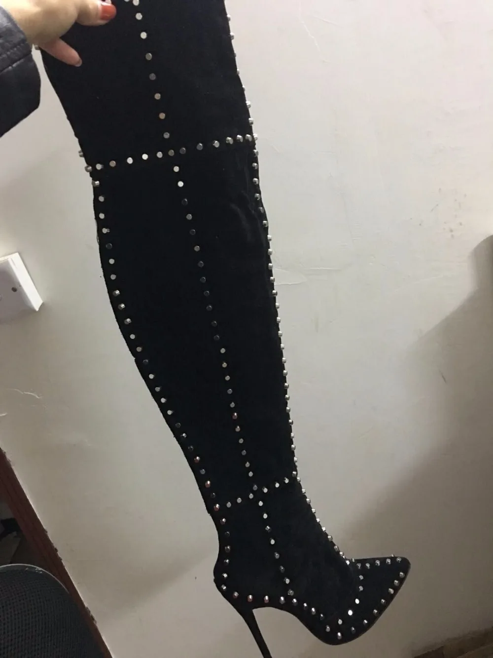 

real photos fashion women winter over knee high heel thigh high boots spike rivets custom make other color plus size woman boots