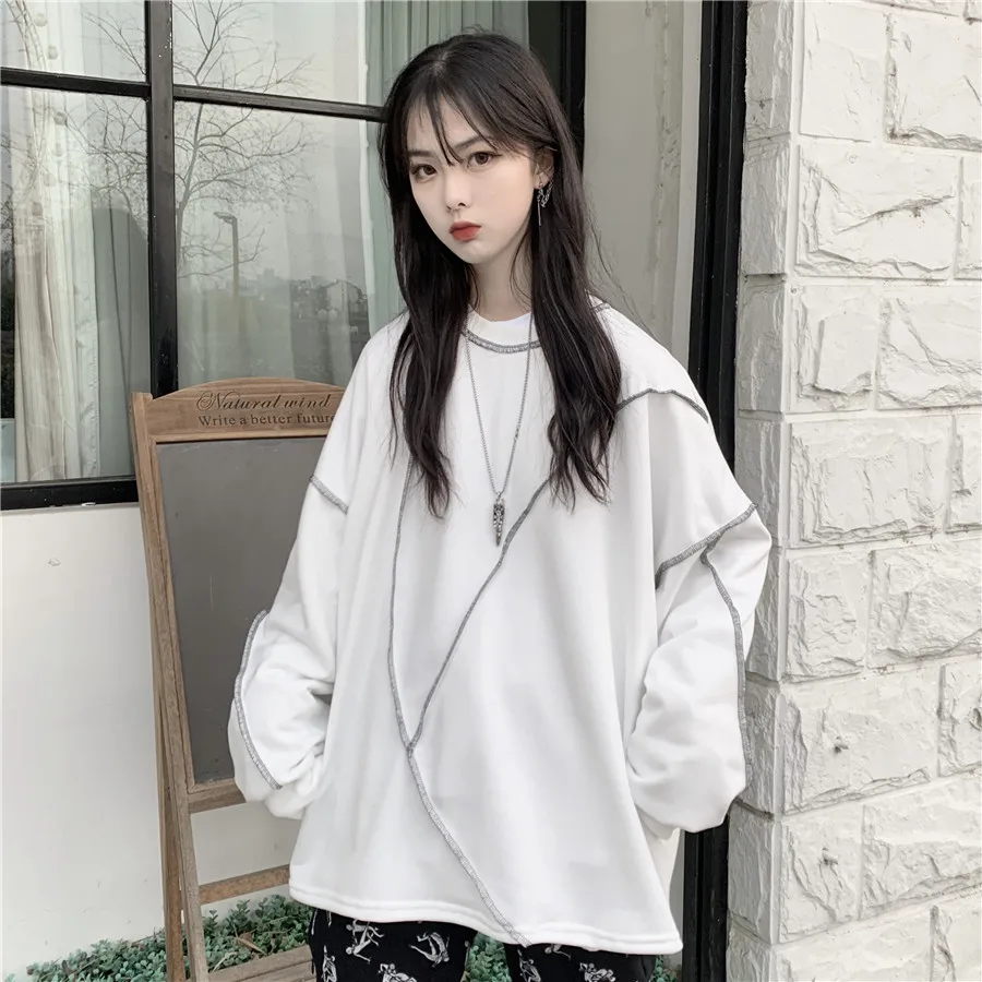 Корейский Ulzzang Твердые негабаритных толстовки для женщин Harajuku Kpop одежда Японская уличная одежда с длинным рукавом друзья Толстовка черный