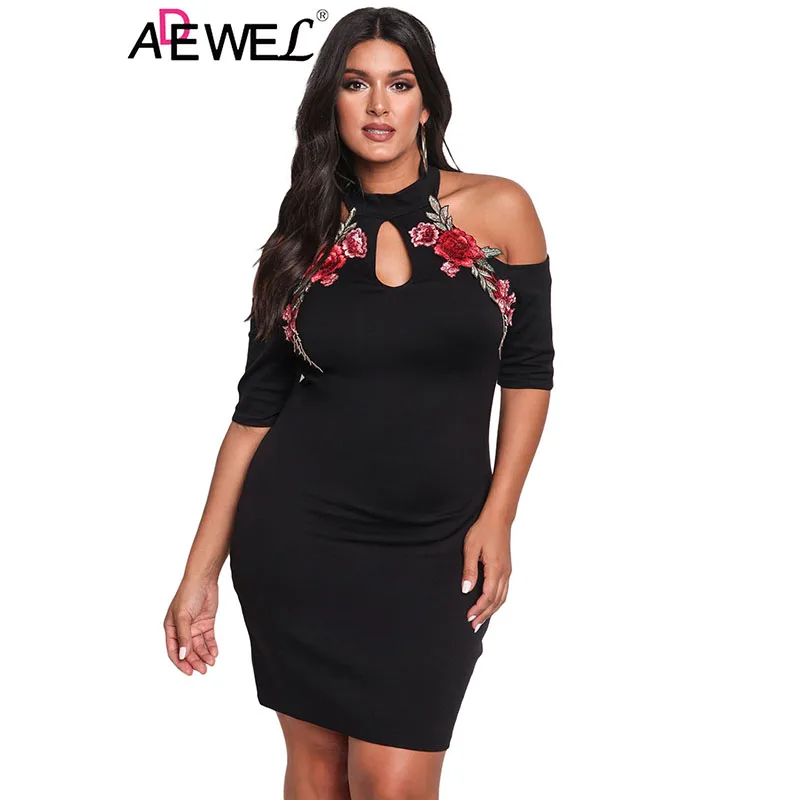 ADEWEL ночной клуб Лето Плюс Размер Роза аппликация холодное плечо Bodycon платье