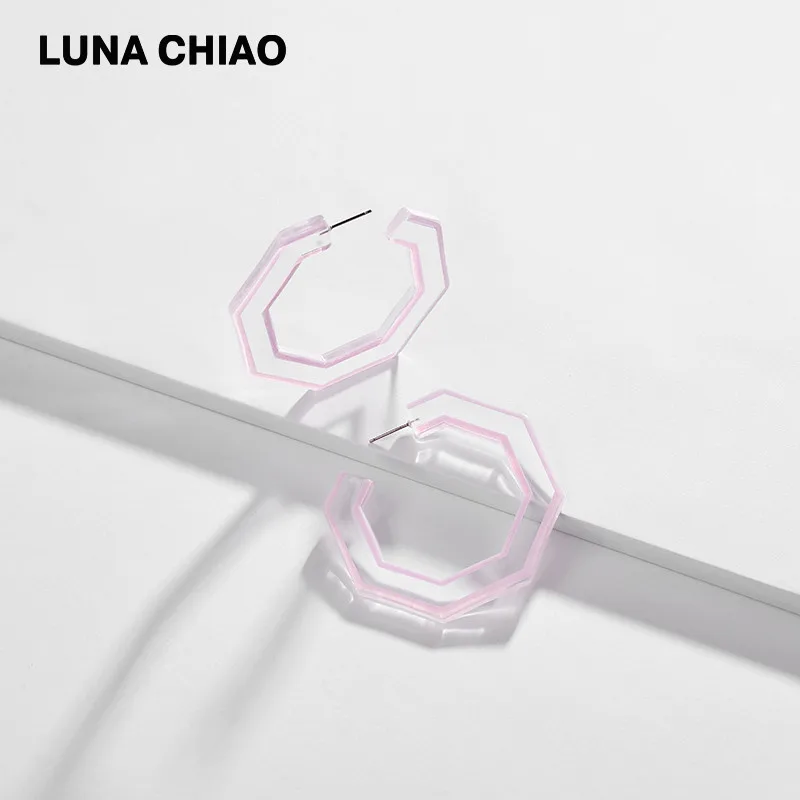 Purple LUNA CHIAO, модные ювелирные изделия, Шестигранная форма, акриловые серьги-кольца, весна-лето, прозрачные полимерные серьги для женщин - Окраска металла: Purple