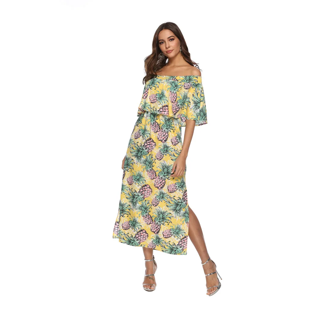 Dress sexy elegant Womens Off The Shoulder Beach Holiday Pineapple Print Party summer 2019 new arrival slim soft dress | Женская одежда