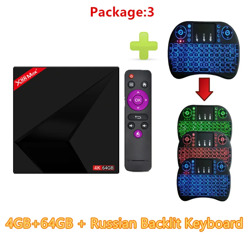 HAAYOT X88 MAX+ Смарт ТВ приставка Android 9,0 RK3328 четырехъядерный ТВ приставка DDR3 4 Гб 64 Гб 4K HD 2,4+ 5,8G Wifi приставка медиаплеер коробки - Цвет: 4G 64G I8 RU Backlit
