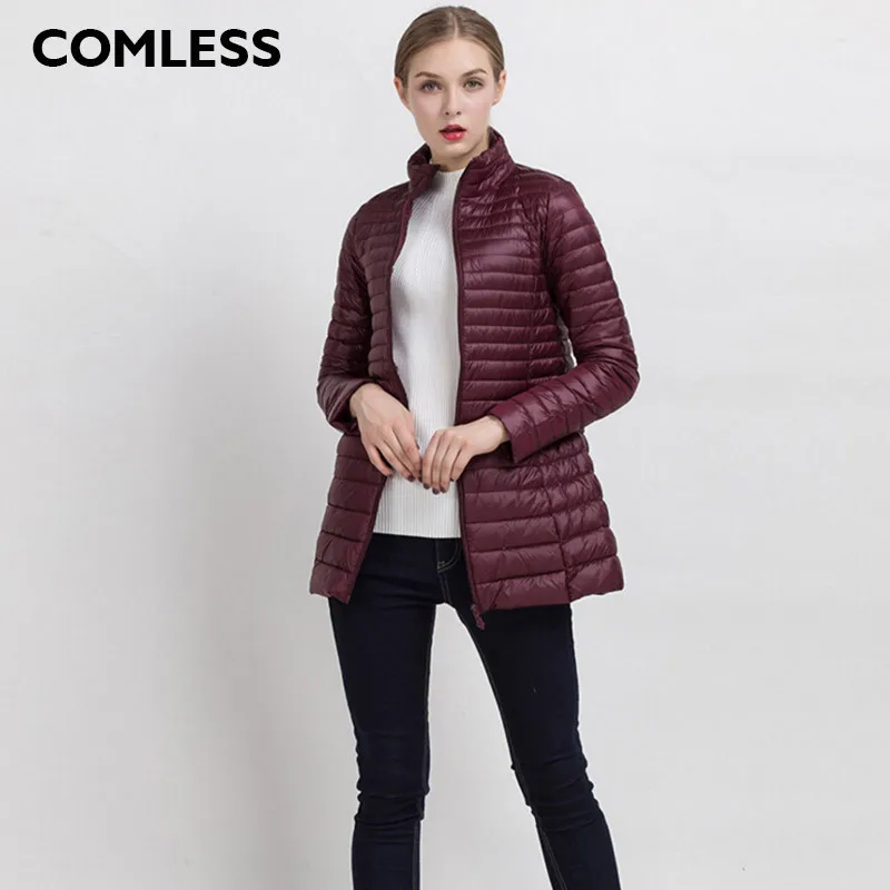 COMLESS размера плюс 4XL, 8 цветов, Женский Повседневный ультралегкий пуховик с 90% пухом, 10% перо, на молнии, Женское зимнее длинное пальто, куртка - Цвет: WineRed