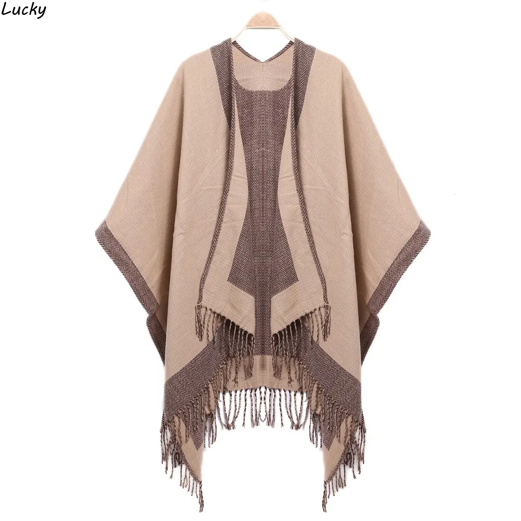 Женщины Зима Вязаный Шарф Cachecol Одеяло Кисточкой Пончо Кабо Шаль Wrap Утолщаются