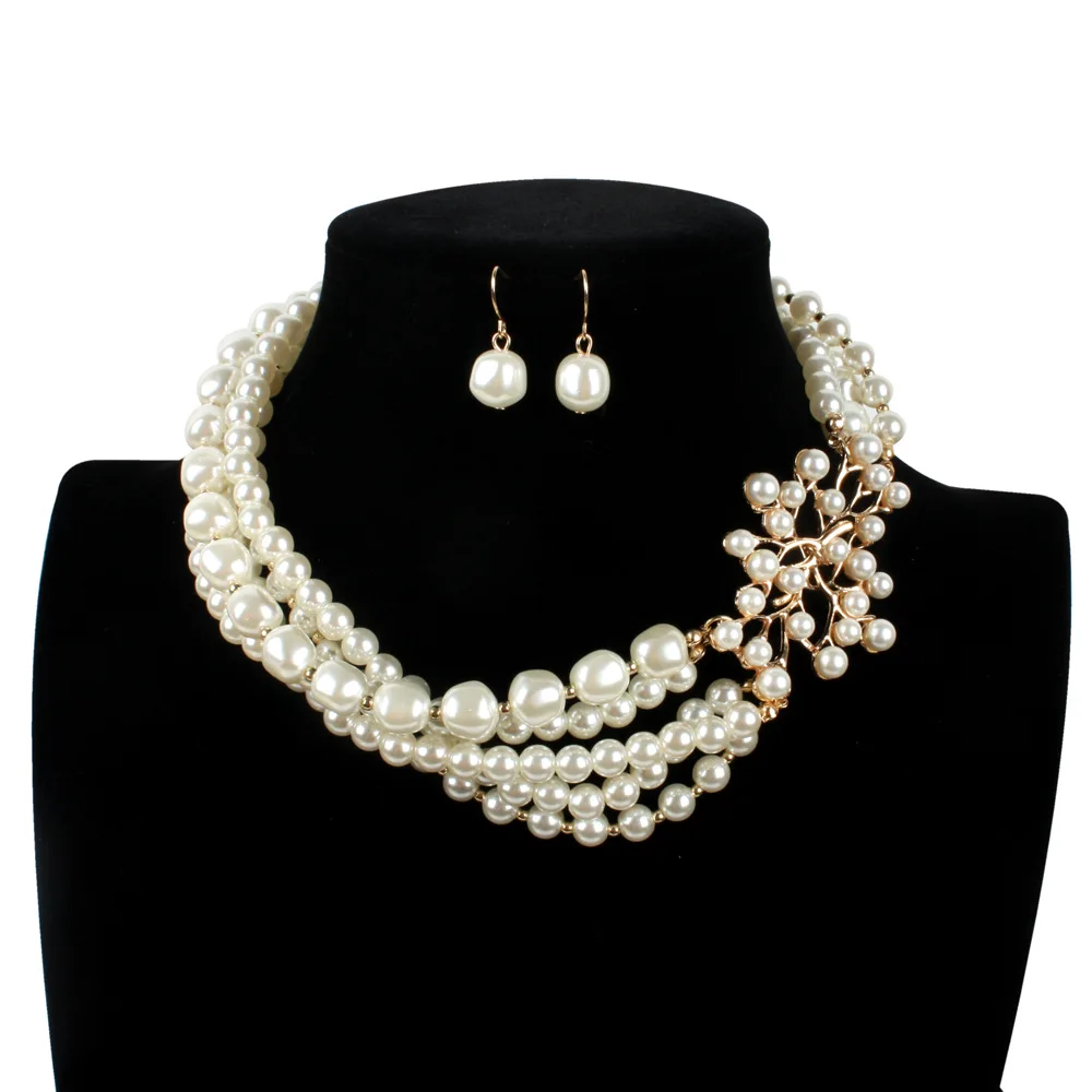 

Fashionable exaggerated antique imitation Pearl clavicle necklace and earrings equisit woman dress wedding elaborate jewelry set