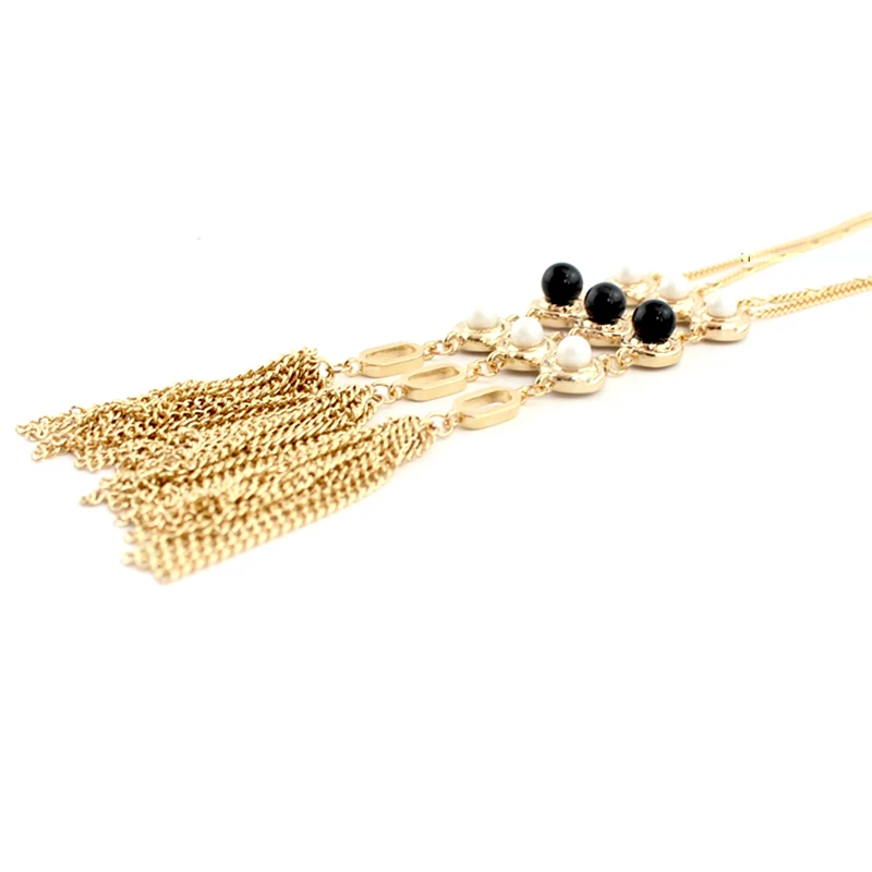 Длинное ожерелье LongWay Женская цепочка из звеньев подвеска черных бусин