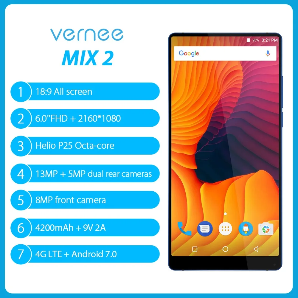 Vernee MIX 2 4GB 64GB 6 дюймов 18:9 мобильный телефон 2160*1080 P Helio P25 отпечатков пальцев 13MP + 5MP