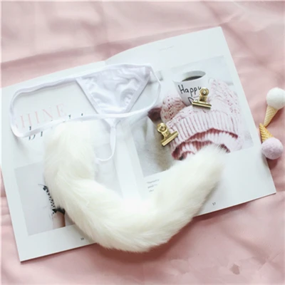 Fox tail White Милое Розовое женское нижнее белье в стиле Лолиты с милым кроличьим хвостом для девочек, сексуальное нижнее белье, трусики-стринги - Цвет: Fox tail White