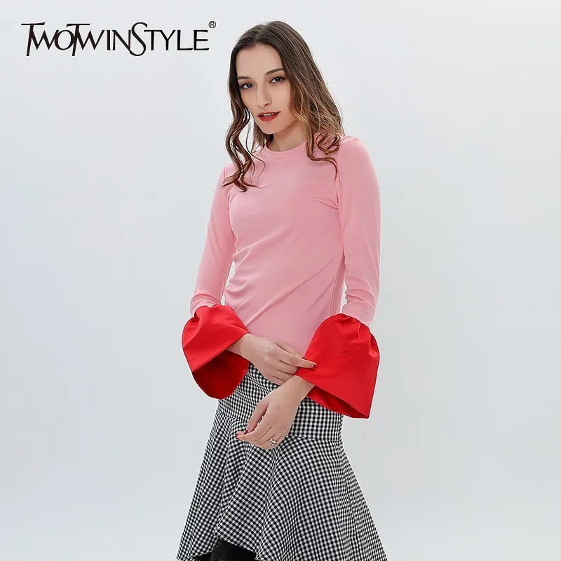 TWOTWINSTYLE Лоскутная Женская футболка с расклешенным рукавом футболки с длинным рукавом для женщин повседневный Топ белая Корейская одежда большой размер