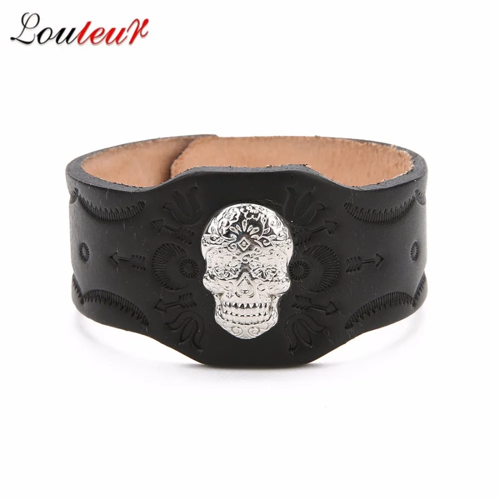LOULEUR Black &amp Brown Punk Shantou Genuine Leather Bracelet Men Vintage Wide Cuff Bangles Adjustable Wristband Male Rock Jewelry |