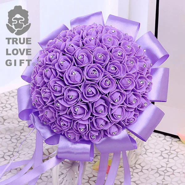 Purple Свадебные букеты многоцветный романтический свадебный букет для невесты Роза для подружки невесты Пена Цветок букет из страз для украшения свадьбы - Цвет: Purple