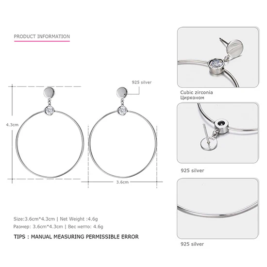 Silver Plated Tardoo Большой Круг Хооп Серьги Серебро 925 Мода белый циркон круглый круг геометрические обруч Серьги Fine Jewelry для Для женщин - Цвет камня: Silver Plated