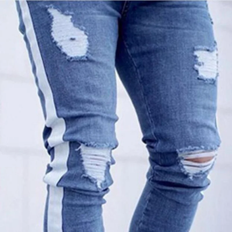 Джинсы для мужчин дизайнер огорчен стрейч джинсы Синие рваные узкие Slim Fit парней