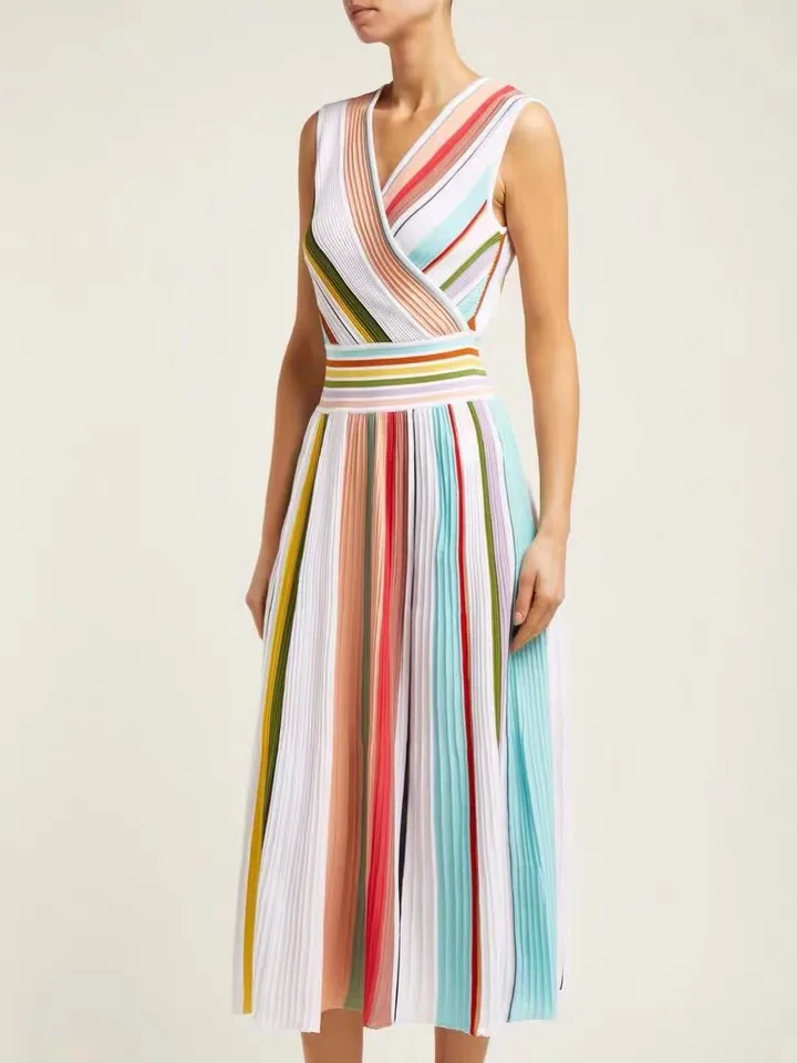 Женское жаккардовое бальное платье в полоску Бандажное без рукавов с V-образным