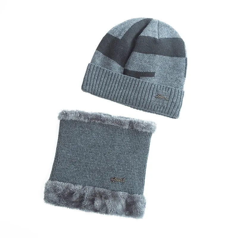 Set Gray Новинка, вельветовые зимние шапки для мужчин, высококачественный бини, шарф, набор, Мужская теплая шерстяная Толстая вязаная шапка, дизайн, шапочки для мужчин - Цвет: Set Gray