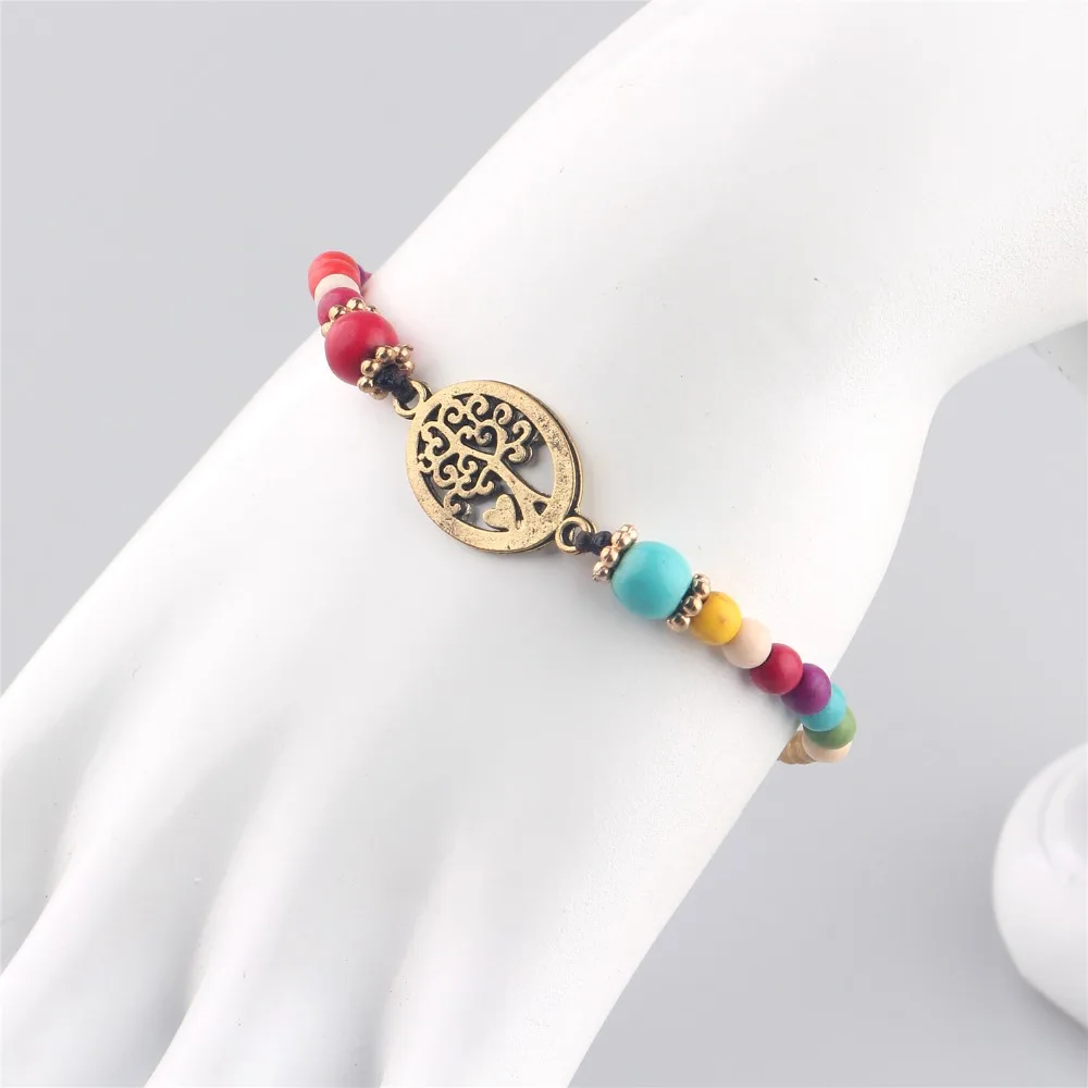 

2018 Colorful Beaded Alloy Chain Gold Color Hollow Life of Tree Charm Bracelet String Bracelets For Women Drop ship Girl Gift