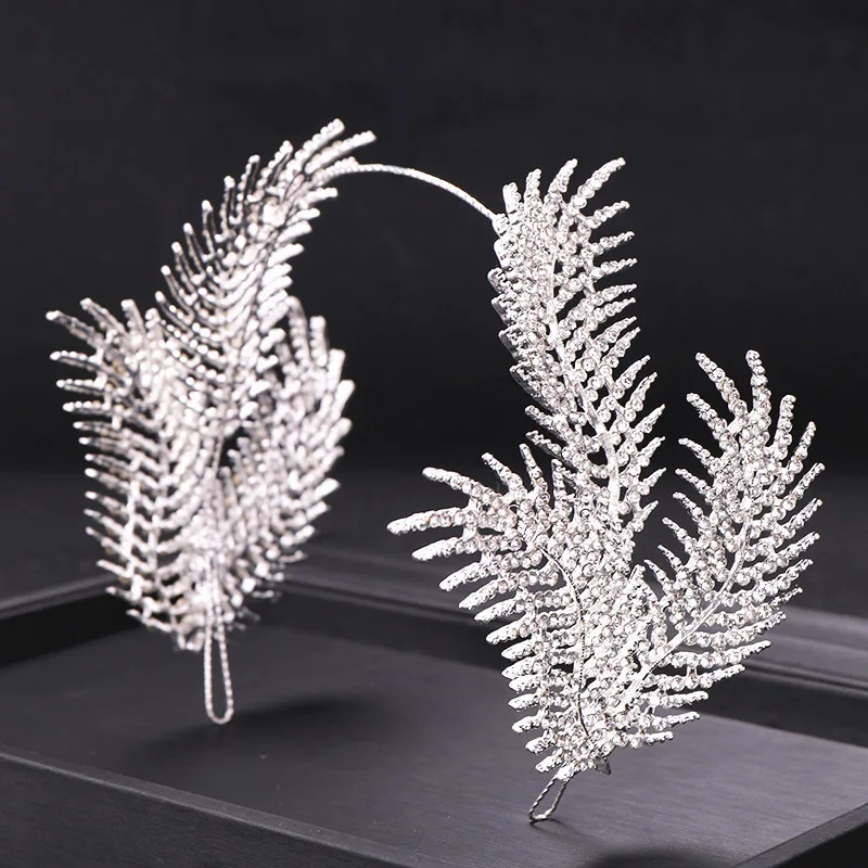 Silver Color Новое поступление Серебряное перо Стиль Горный Хрусталь Корона Свадебные украшения для волос для женщин тиара Свадебная голова элегантные головные украшения с узором - Окраска металла: Silver Color