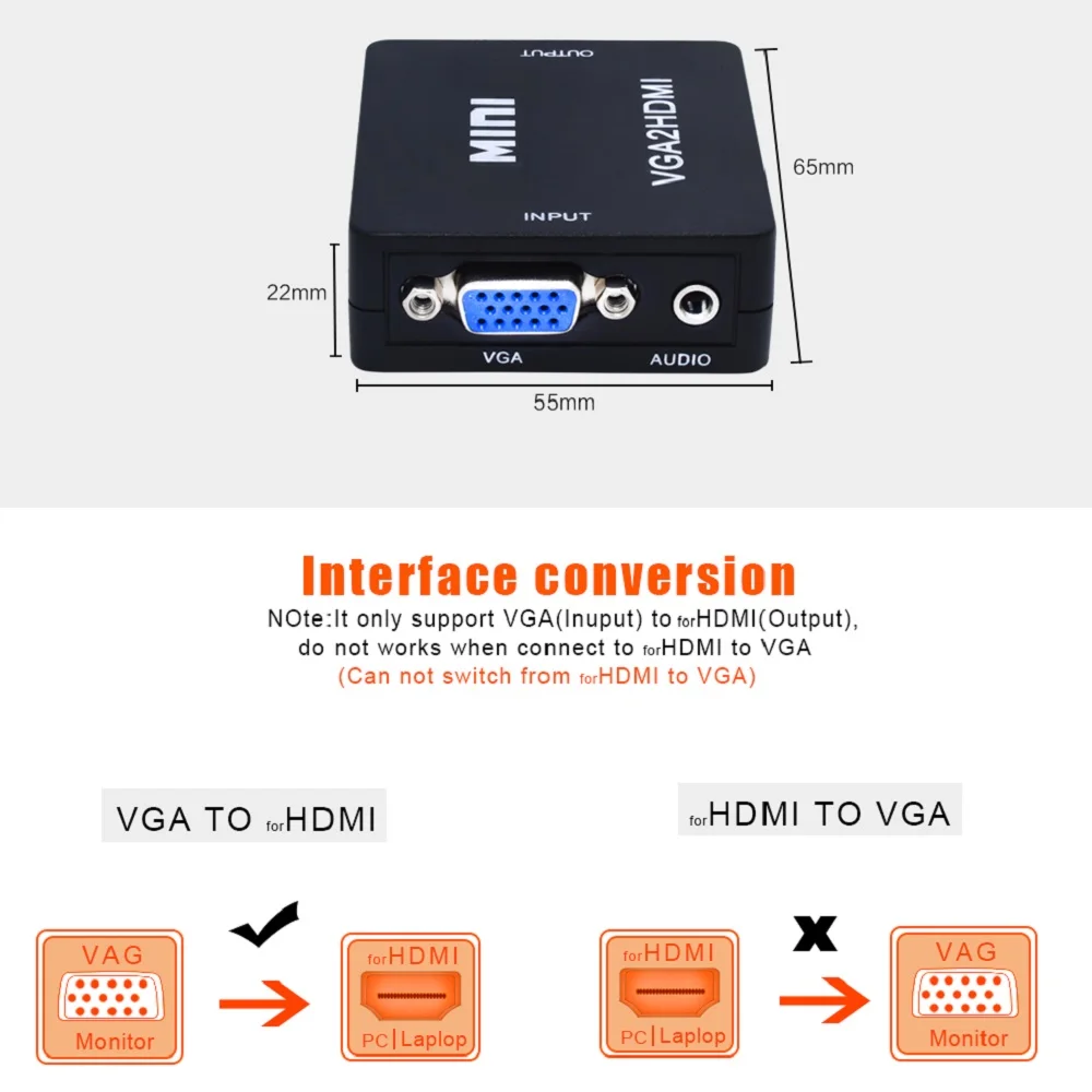 TISHRIC Mini VGA2HDMI преобразователь из VGA в HDMI адаптер с аудио кабелем USB Power Male to Female