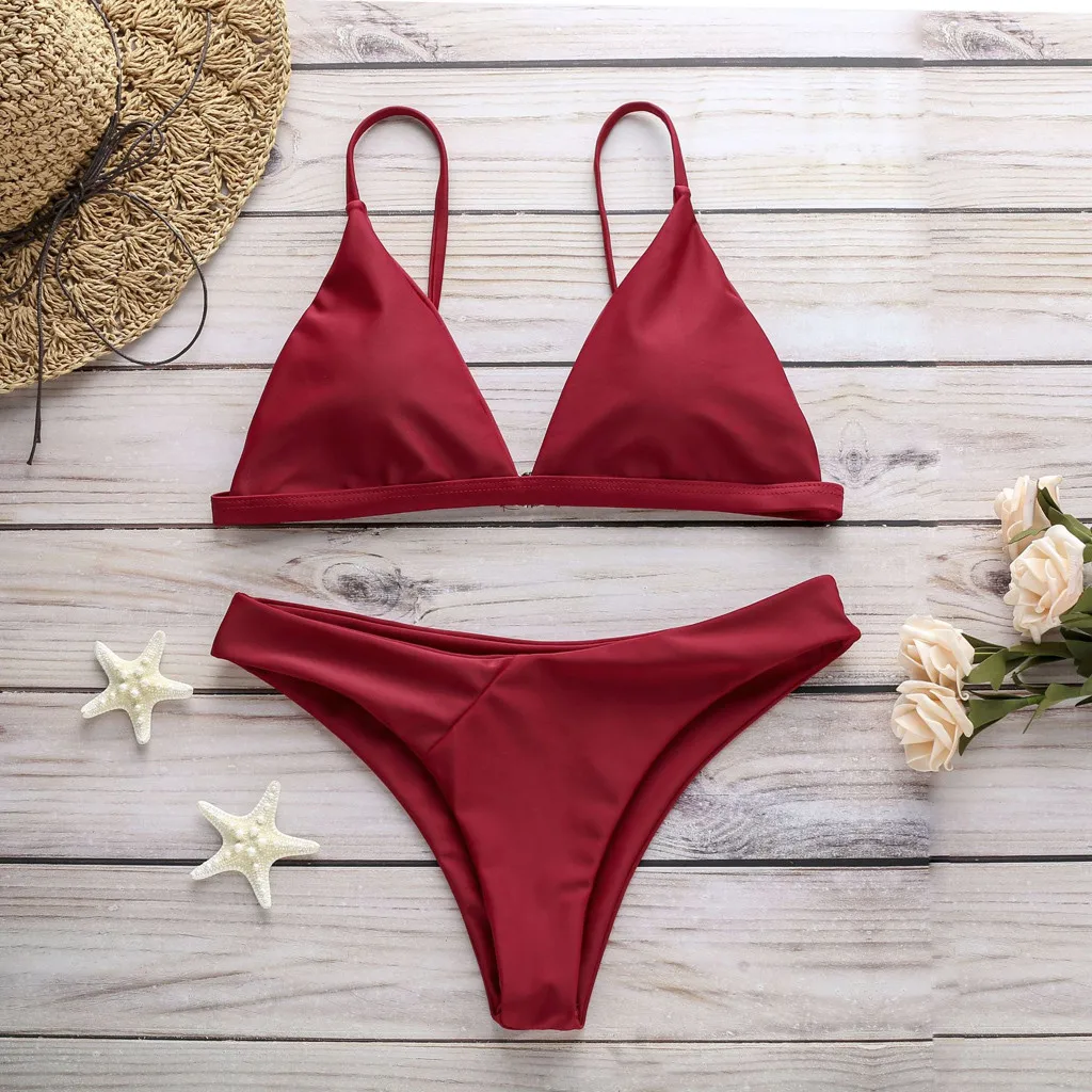 

2019 Mujer Sexy Thong Bikini Solid Swimwear Strap Swimsuit Beach Bathing Suit Women Push Up Padd Bikinis Beachwear Monokini Mayo