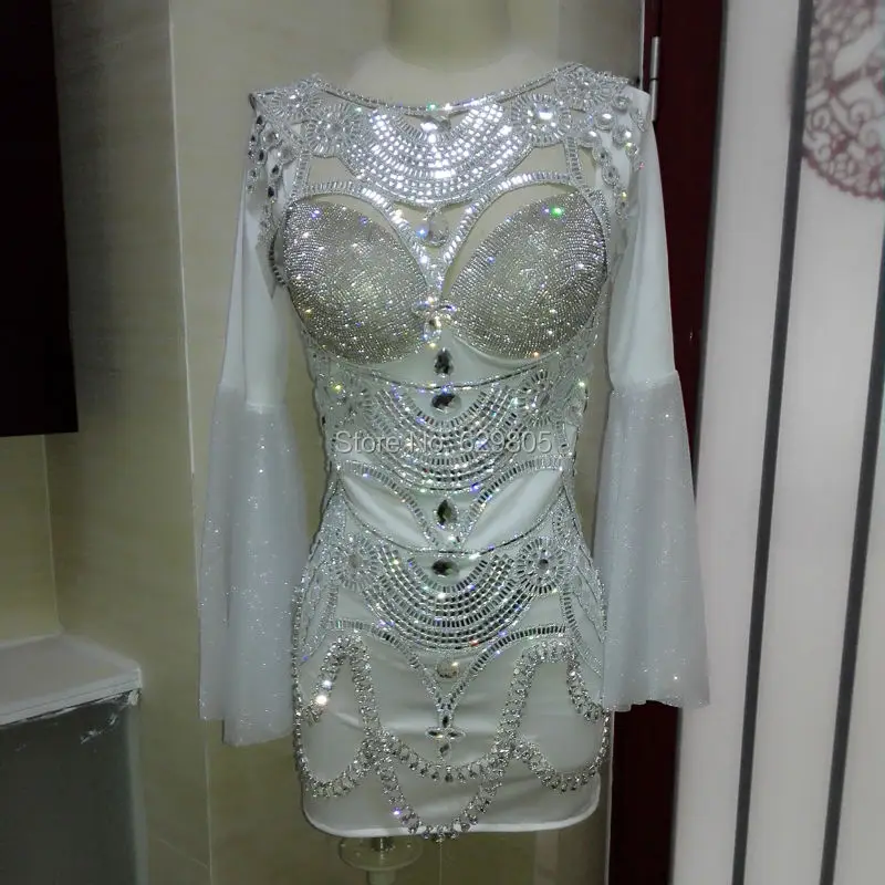 Женский костюм трико с длинным рукавом серебристо белый костюм|rhinestone outfit|rhinestone