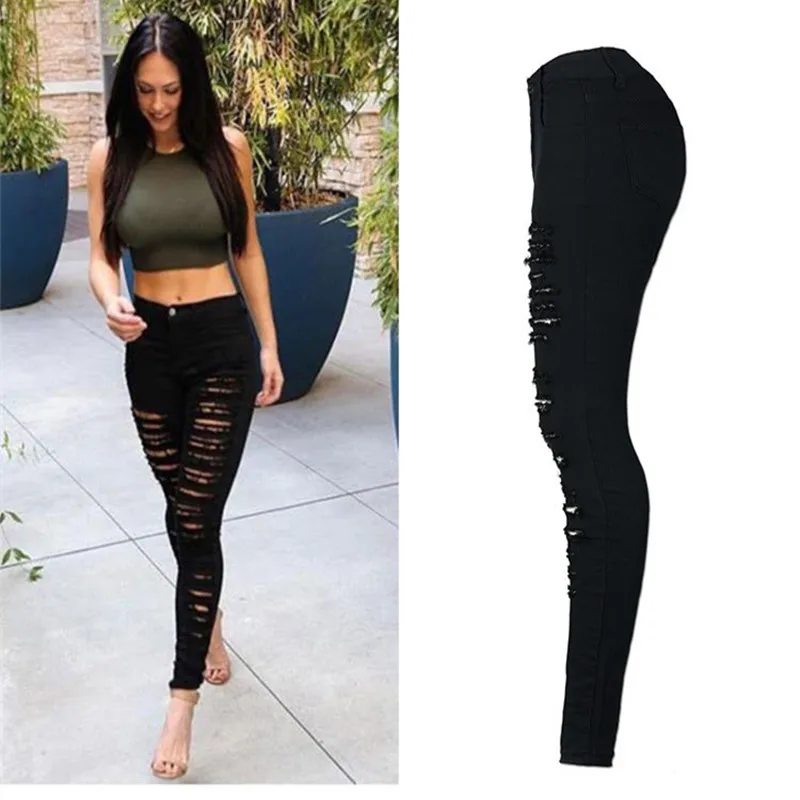 

New hot hole female jeans fashion high waist ladies trousers sexy ladies casual pants female pencil pants female feet jeans