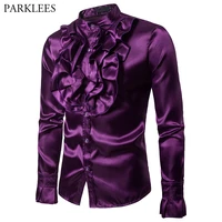 purple silk satin shirt men unique designe vintage wedding tuxedo shirt man long sleeve slim fit gothic shirt male chemise homme