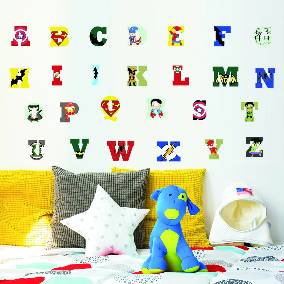 Creative Super Hero Style Alphabet ABC Wall Decal 26 Letters DIY Art Vinyls Stickers Nursery Kids Room Home Decorative Wallpaper