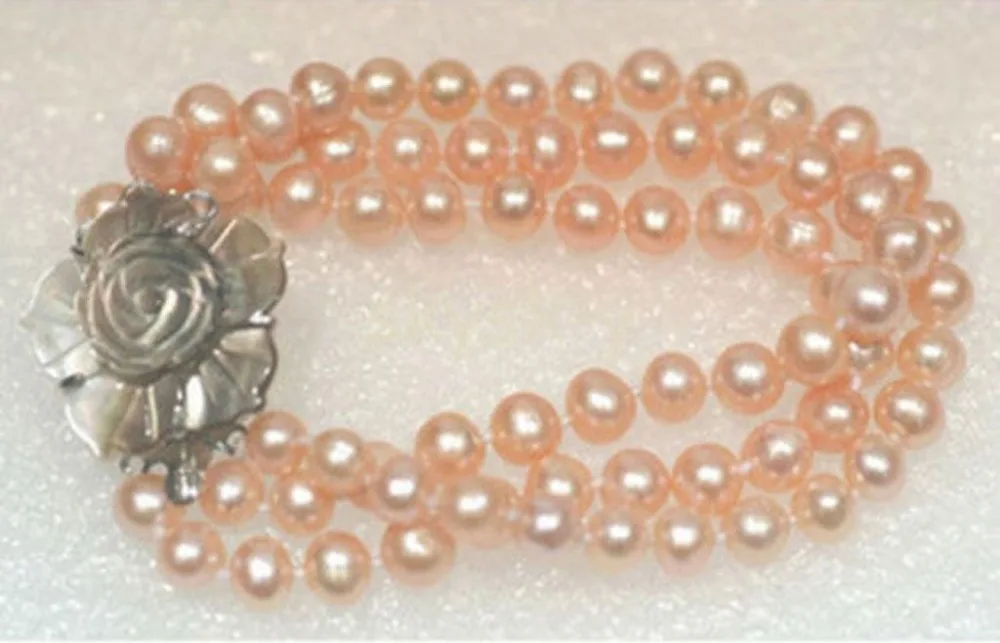 

NEW 3 Rows 7-8mm Genuine Pink Pearl White Shell Flower Clasp Bracelet 8"