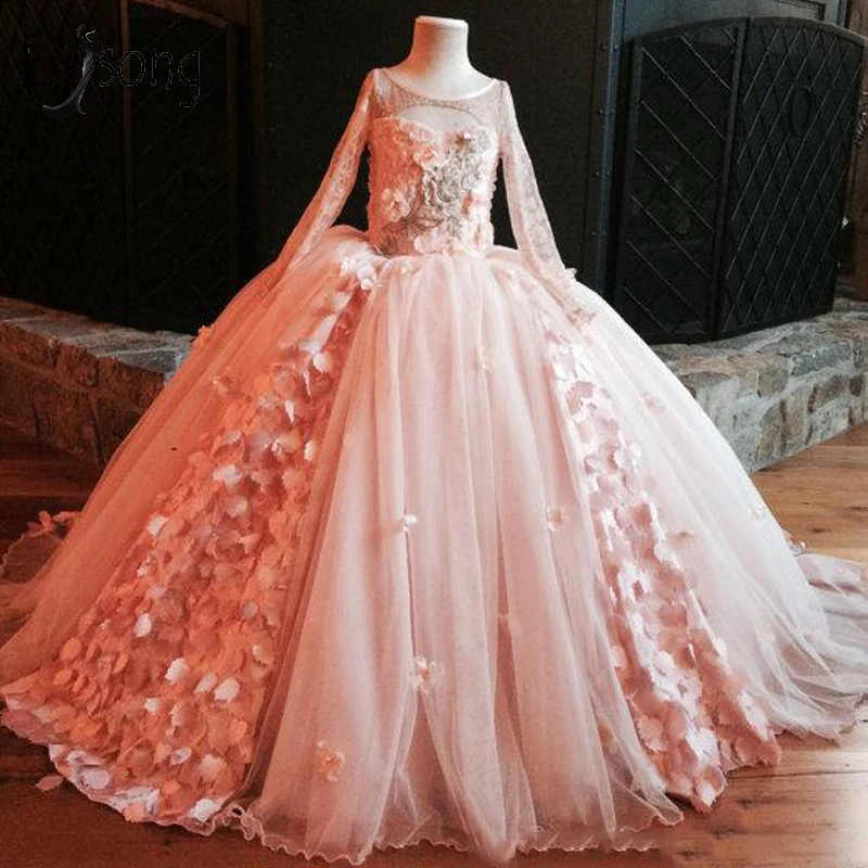 

Peach Pink Floral Tulle Pageant Dresses For Little Girls Puffy Long Flower Girl Dresses Full Sleeves Lace Communion Dresses