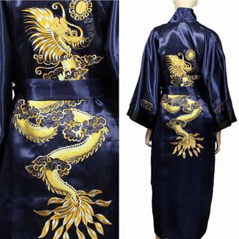 Bathrobe Men Satin Silk Robe Embroidery Dragon Kimono Sleepwear China Fashion Style Big Size Man Pyjamas