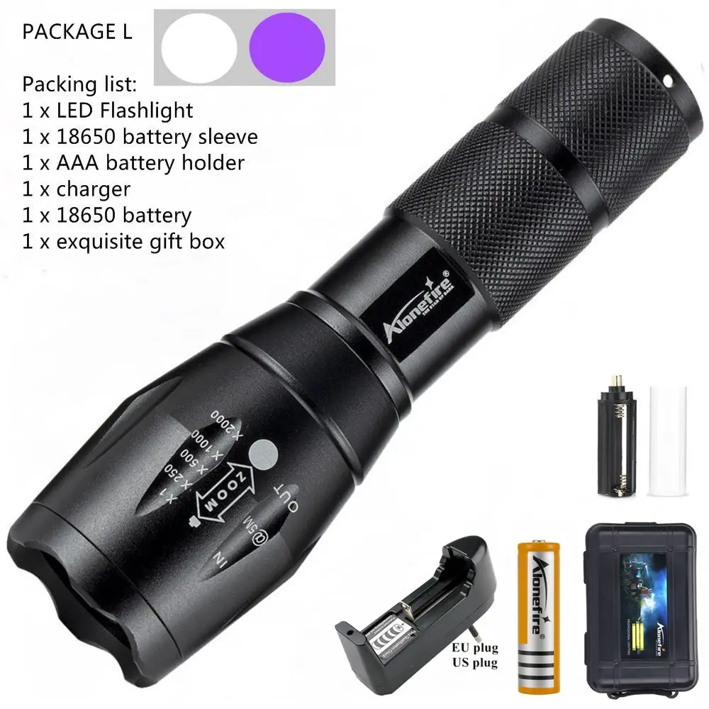 PACKAGE L Alonefire E17 T6+ 395nm УФ-светильник-вспышка, ультрафиолетовый светильник с функцией масштабирования, мини-УФ-черный светильник, детектор пятен в моче для домашних животных, скорпион - Испускаемый цвет: PACKAGE L