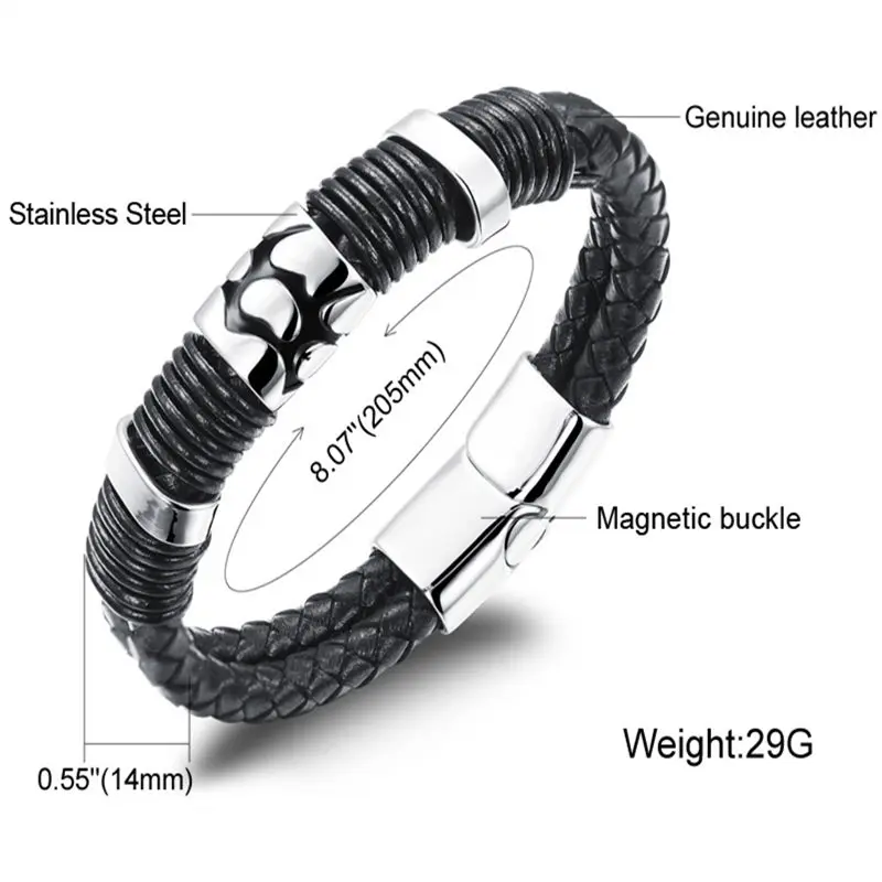 Черный вязаный кожаный браслет в стиле панк модная цепочка из нержавеющей стали