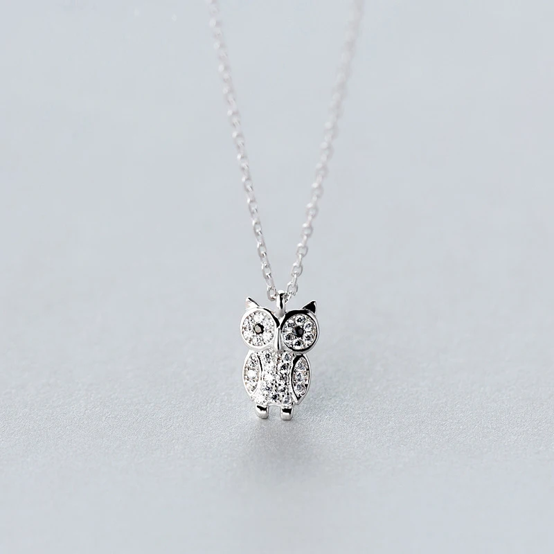 

NBSAMENG Real 925 Sterling Silver Animal Cute Clear CZ Owl Pendant Necklace Crystal For Women Gift DIY Fine Jewelry